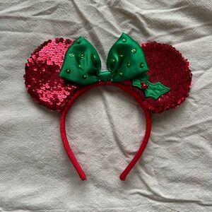 Disney Parks Christmas Red Green Sequin Holly Ears Minnie Mouse Ears Headband
